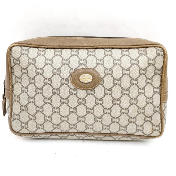 Gucci Monogram travel makeup bag clutch GG brown PVC leather & canvas purse - Picture 1 of 17